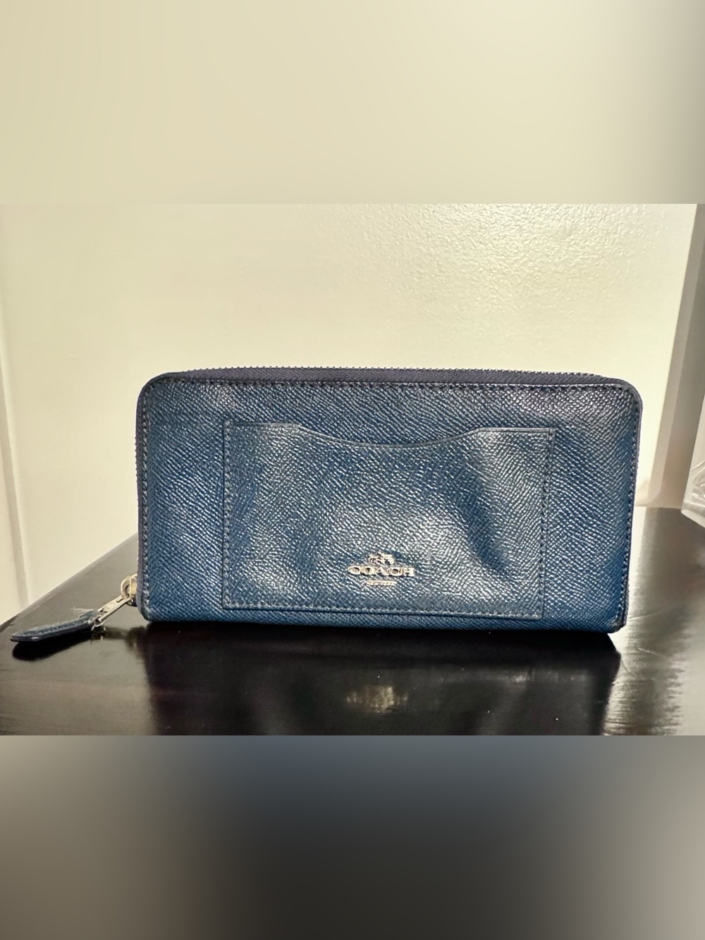 COACH Navy Blue Crossgrain Leather Accordion Zip Wallet F54007 EUC